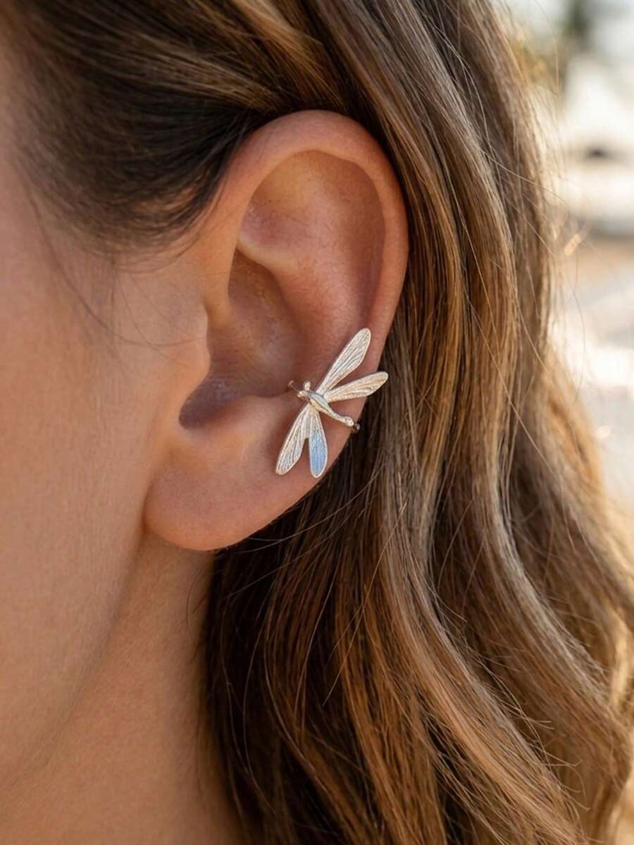 1/2 piezas Pendientes tipo abrazadera con forma de libélula/abrazadera de cartílago, pendientes versátiles de lujo sin perforación para mujeres, adecuados para uso diario, fiestas y reuniones - Plateado - Ver 1