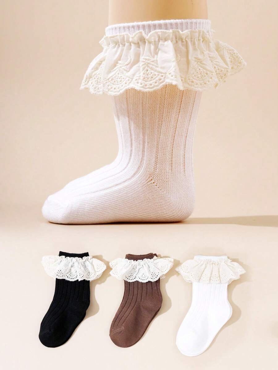 3 Pairs Kids Ribbed Socks, Baby Lace Ruffle Trim Socks, Toddler Girls Short Socks, Suitable For Skirts - Multicolor - View 1