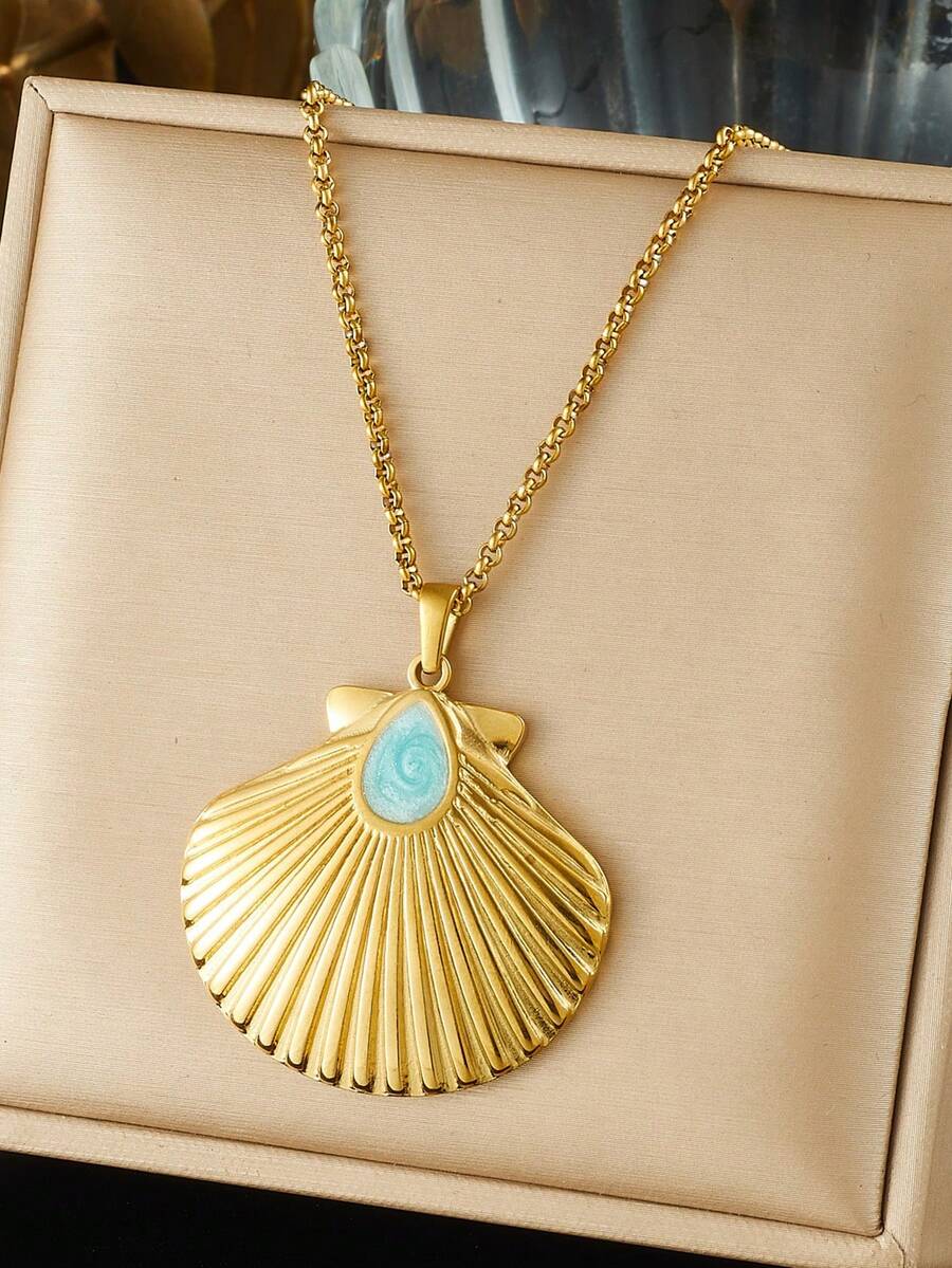 1 pieza Collar con colgante de concha dorada con baño de oro, cadena de acero inoxidable en forma de O de industria pesada, accesorio de cadena de clavícula con diseño de vida marina - Dorado - Ver 1