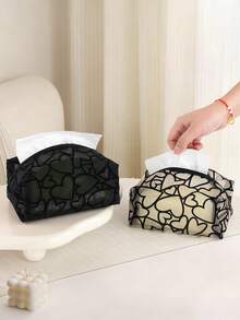 1/3pcs Mesh Heart Tissue Box, Ins Style Home Living Room Tea Table Tissue Holder, Bedroom Bedside Dust-Proof Storage Box, Luxury Car Dining Table Creative Tissue Case, Black White Beige - Multicolor - View 4
