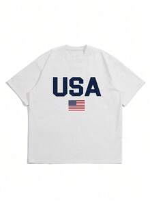Camiseta de hombre 100% algodón – Estampado de letra y bandera americana – Manga corta, cuello redondo – Casual y transpirable – Ideal para verano y uso diario - Multicolor - Ver 4