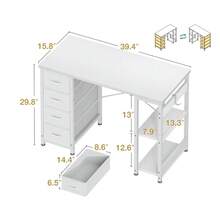 ODK 40 Inch Small Computer Desk With 4 Fabric Drawers, Modern Writing PC Desk For Small Spaces, Study & Home Office Desk With Storage Shelves, Black - White - View 3