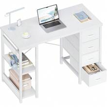 ODK 40 Inch Small Computer Desk With 4 Fabric Drawers, Modern Writing PC Desk For Small Spaces, Study & Home Office Desk With Storage Shelves, Black - White - View 8