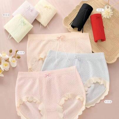 Lace-Trimmed Women's Panties, Pure Cotton Lace Mid-Waist Briefs, Modal Seamless Ice Silk Seamless