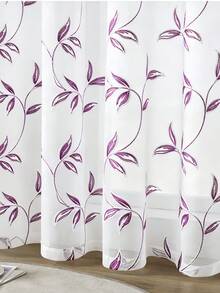 2 Peças de Cortinas Transparentes Bordadas Brancas - Padrão Floral, Cortinas de Voile Bordadas Elegantes para Sala de Estar e Quarto, com Ilhós - Roxo - Visão 6