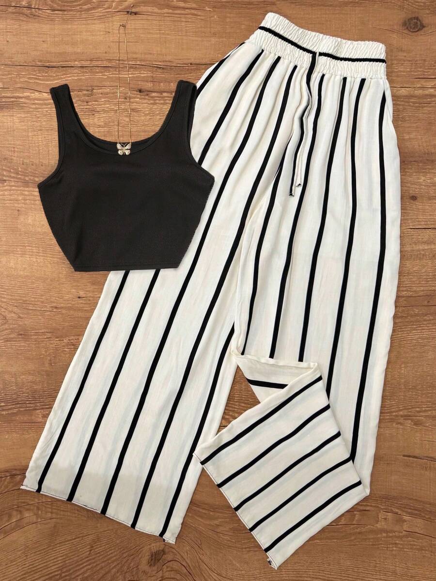 Women's Spring/Summer Striped Casual Office/Garden Solid Color Tank Top And Striped Pants Set Elegant - Black and White - View 1