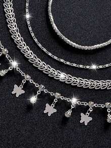 Set de 20/16/8/4 piezas de tobillera de cristal con diseño de mariposa estilo bohemio, accesorio de moda versátil para uso diario, playa, viajes, fiestas, citas, regalo ideal para novia/madre, estilo aleatorio - Plateado - Ver 4