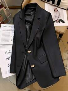 Plus Size Women's Solid Color Single-Breasted Casual Versatile Daily Wear Blazer Spring - Elegant Black - View 7