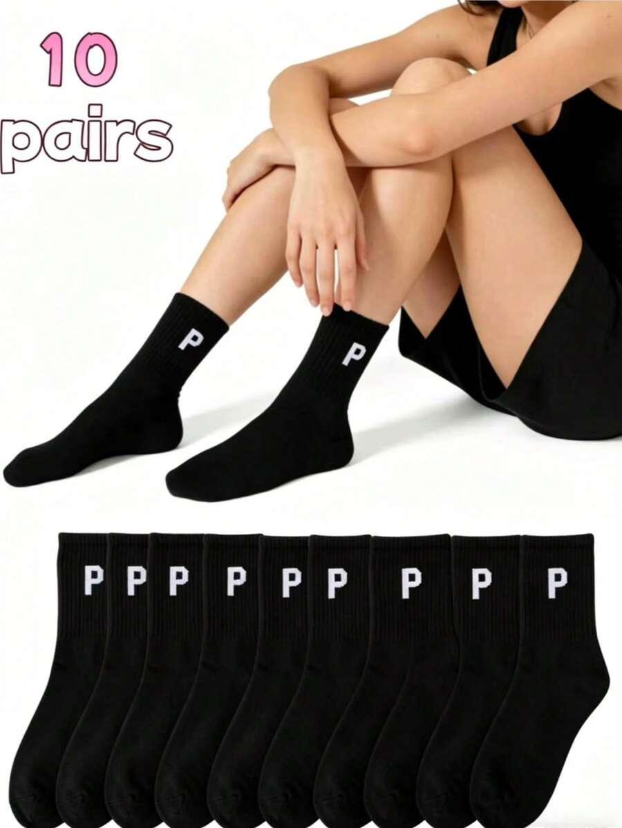 1/5/10/15/20 Pairs Unisex Solid Color Mid-Calf Sports Socks, Comfortable Breathable Versatile Black Socks - Black - View 1