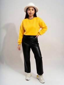 Women's 100% Cotton Casual Plain Crew Neck Warm Comfortable Fleece Long Sleeve Minimalist Winter Sweatshirt - Màu vàng - Xem 2