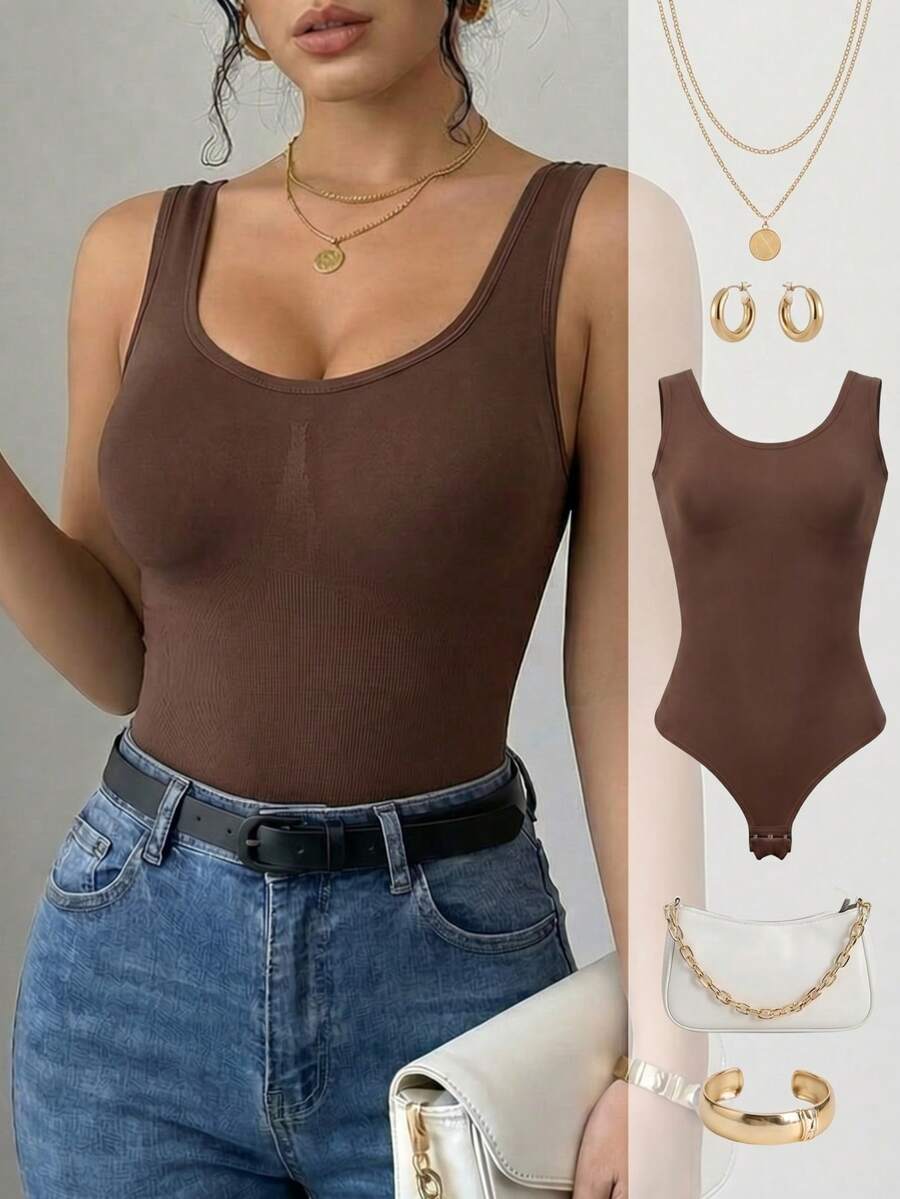 1 chiếc áo liền thân cơ bản cho nữ, có khóa cài ở đáy quần, không đường may, co giãn, ôm sát cơ thể, thích hợp mặc hàng ngày, kiểu áo tank top thanh lịch. - Màu nâu sẫm - Xem 1