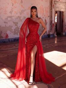 ADYCE 女士长款单肩飘逸开衩正式礼服，适合出席舞会、派对、宴会等场合，优雅闪亮晚礼服，婚礼礼服 - 紅色 - 查看 1
