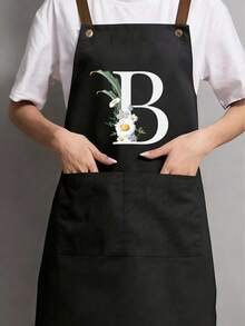 Fun Kitchen Accessories Sleeveless Apron, Printed With Floral Sunflower Daisy Letter A-Z Patterns, Kitchen Tools Cooking Sleeveless Thickened Neutral Style, Kitchen Supplies, Black Waterproof Oil-Resistant Adjustable Kitchen Cooking Apron - A - View 3