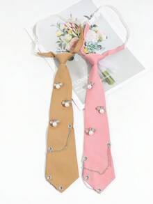 1pc Women's Casual Silver Metal Firefly Faux Pearl Decor Chain Tie, Solid Color Clip-On Tie Suitable For School/Party Outfit,Graduation Outfit,Disco - Multicolor - View 5