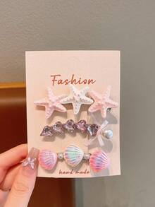3pcs Girls' Colorful Sweet Fresh Spring Starfish, Pearl, Shell Hair Clips, Vacation Style Bangs Clips - Multicolor - View 6