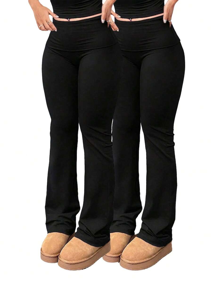 2pcs/Set Large Size Women's Casual High Yoga Pants Set   Elastic Waist Gym Workout Flare Leggings - 黑色+黑色 - 查看 1
