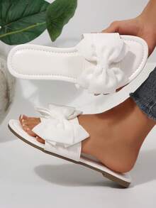 Flats Sandals Shoes For Women With Bow Comfortable Stylish Round Toe Casual Summer Lightweight Beach Slippers For Walking Travel Outdoor Slides - White - View 5