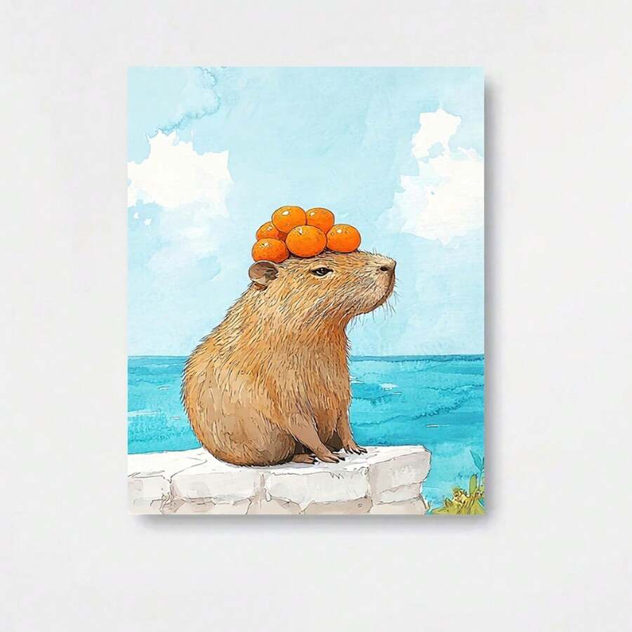 Pintura en lienzo 2D plana, 2D plana, sin marco, que representa un carpincho con una naranja en la cabeza, sentado tranquilamente sobre una roca junto al mar. Disponible en s de 8X12, 12X18, 16X24, 20X30 e 24X36 pulgadas. Es un regalo decorativo perfecto para salas de estar. - Enmarcado - Ver 1