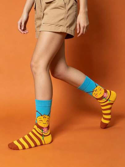 1双女士多巴胺撞色可爱蜜蜂卡通趣味礼物袜，INS风时尚百搭休闲运动家居袜，女士中筒袜，四季皆宜