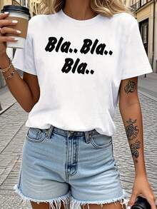 - Women's Pure Cotton Teediy Shirt With The Slogan "Blah... Blah...Bla." Graphic Print - Casual Short-Sleeved Top, Comfortable Fit, Machine Washable And Suitable For All Seasons - YGW - White - View 5