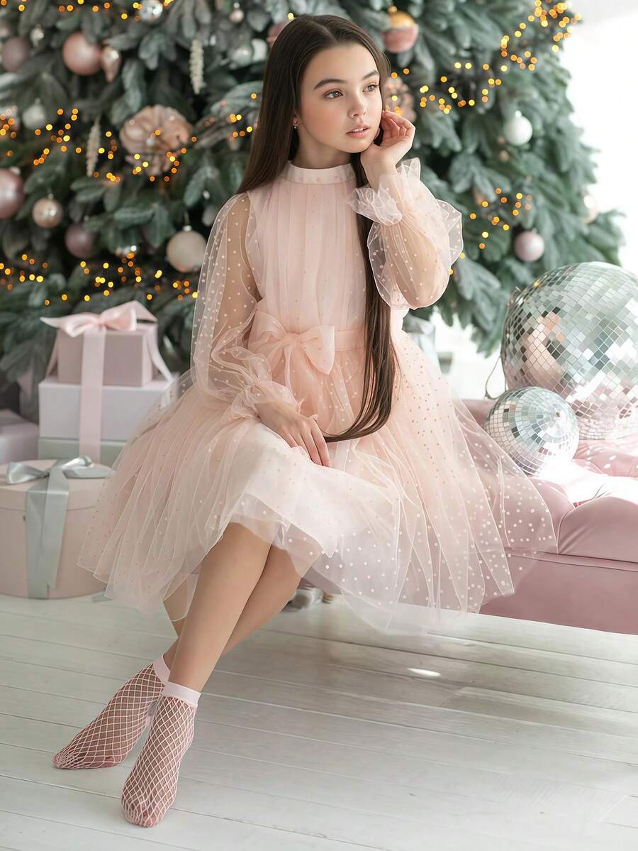 Vestito elegante da ragazza pre-adolescente per feste di Natale, con maniche in rete a pois rosa, fiocco in vita. Vestito da principessa adatto per feste di compleanno, banchetti, damigella d'onore per matrimoni, celebrazioni festive - Rosa Baby - Visualizzare 1