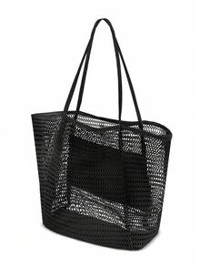 Large Capacity Women's Beach Tote Bag, Portable Mesh Beach Bag, Foldable Beach Bag With Large Capacity Mesh Tote Bag, Women's One Shoulder Summer Outdoor Travel Mesh Tote Bag, Khaki/Black, Solid Color One Shoulder Mesh Bag, Mesh Beach Toiletry Storage Bag, Lightweight And Fashionable, Suitable For Daily Use, Travel, Shopping, Swimming And Beach Vacation, Summer Outing, Beach Play And Travel Shopping - Multicolor - View 13