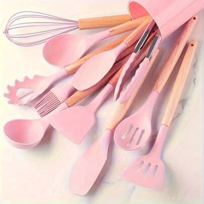 TAIMASI 12PCS Non-Stick Silicone Kitchen Utensil Set With Wooden Handles, Easy To Clean, Perfect For Cooking & Baking, Ideal For Back To School, Dorm Essentials, Great Gift For Thanksgiving, Christmas, New Year's, Mother's Day & Housewarming