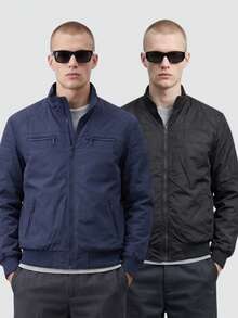 Men's Reversible High Neck Windbreaker Jacket, Lined Bomber Jacket With Zipper, Motorcycle Style - Navy Blue - View 3