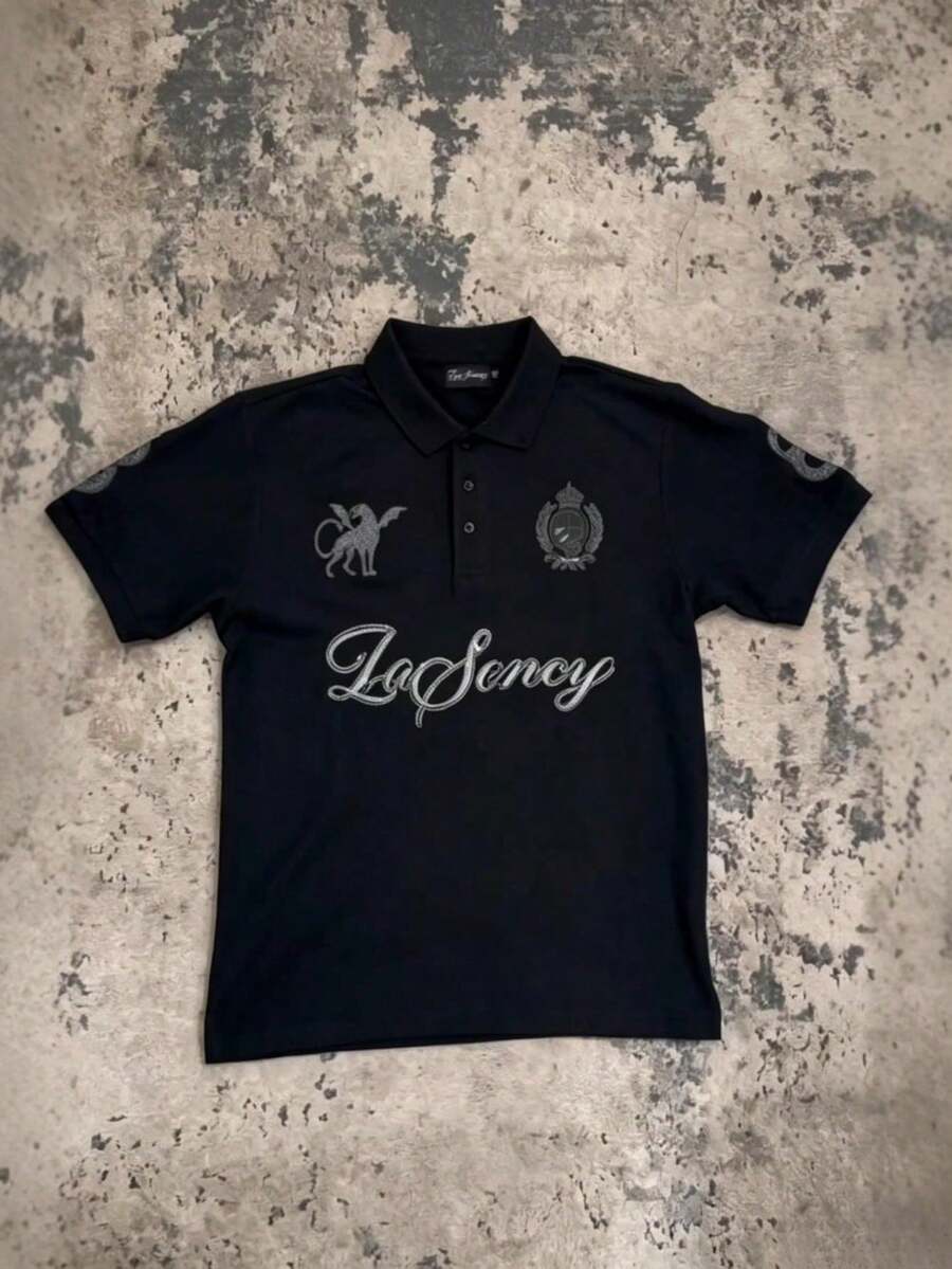 Y2K Graphic Print Polo Shirt | Streetwear Casual Short Sleeve Top - 黑色 - 查看 1