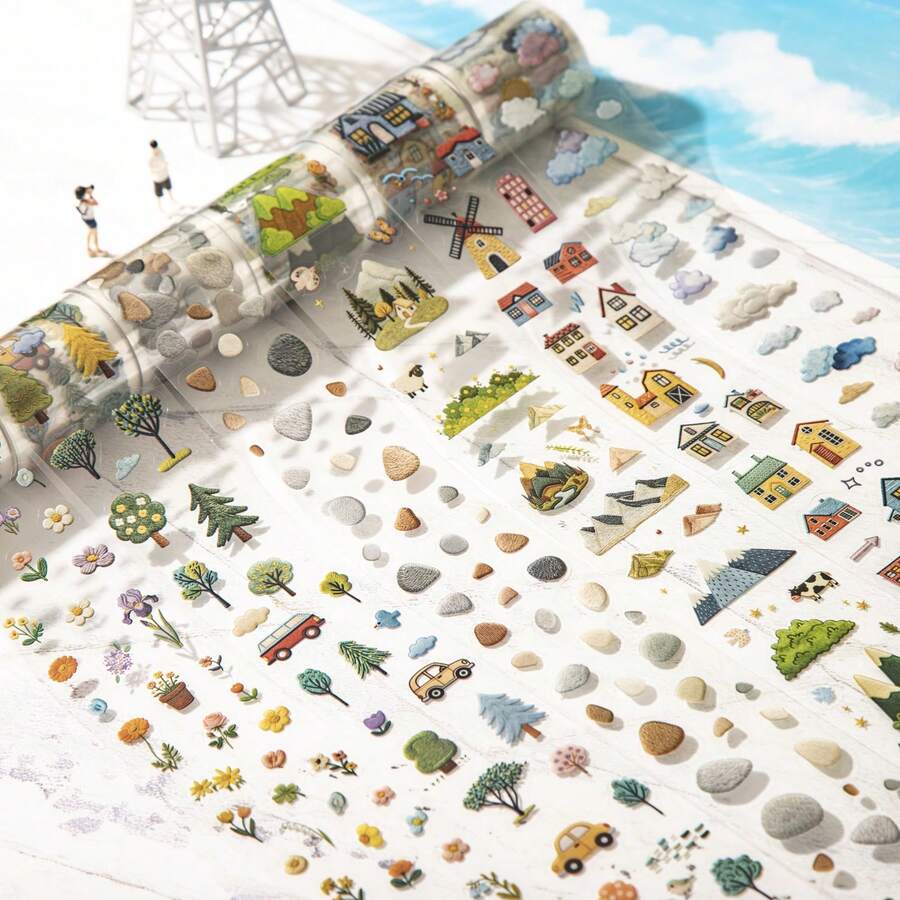 1 Roll PET Material Tape, "Journey Of The Wind" Series Cute Hand-Drawn Life Element Landscape Sticker Tape, Faux Embroidery Design, Waterproof PET Material, Suitable For Scrapbooking, Notebooks, Albums, Gifts DIY Decoration, Essential Back-To-School Stationery - 1roll - View 1