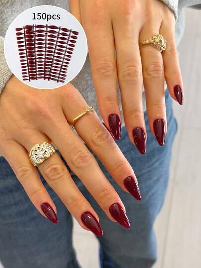 150片短款杏仁形酒红色美甲贴片，短款经典设计，包含1片果冻胶和1个指甲锉，可重复使用，适合日常生活和工作DIY。