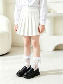 2 Pairs Girls' Bow Decor Mesh Mid-Calf Socks, Breathable Fashion Fishnet Socks For Summer - Black - View 3