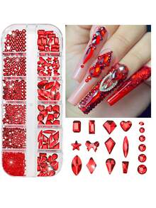 Estuche de 12 compartimentos con kit de rhinestones de uñas de lujo en color rojo, con formas y tamaños variados de SS6 a SS30, diamantes de uñas rojos brillantes para manicura - Rojo - Ver 5