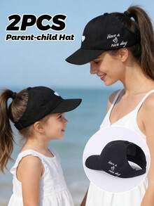 2 Stücke Eltern-Kind Herz bestickte Baseballkappen mit Pferdeschwanz, verstellbare Sonnenschutz Sonnenhüte für Mama & Kind, Sommer Strand Outdoor Matching Hutset - 2Stk - Übersicht 3