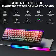 AULA HERO 68 HE 定制磁力轴机械键盘，0.01mm RT 精度，全键热插拔，8K 轮询率，128K 扫描率，68 键紧凑布局，5 层隔音，铝合金定位板，HiFi 大理石纹理音效，RGB 灯效，PBT 侧印键帽，兼容 Windows、Mac、iOS 和 Android 系统，是游戏和办公的理想之选。 - 查看 4