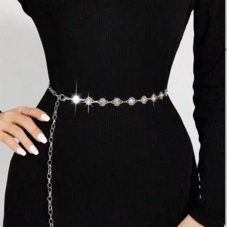 1pc Silver Alloy Flower Inlaid Fashion Waist Chain - Silver - View 2