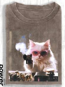 1pcsCute Cat Funny Graphic Graphic T-ShirtMen's Cotton T-Shirt, 230G Washed Short-Sleeve Suitable For Halloween, Christmas And Spring Festival Gifts - 棕色 - 查看 12