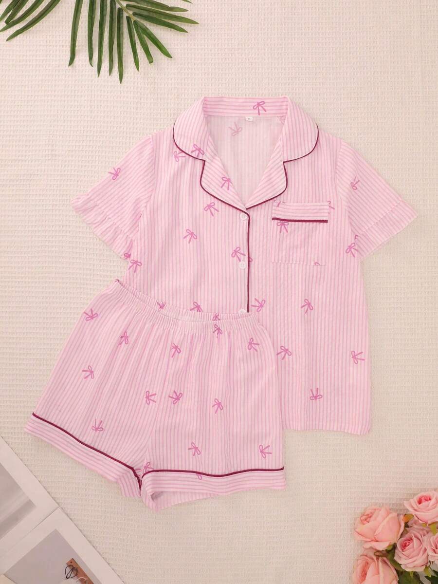 Summer Bowknot Pajama Set, Gentle Elegant Lapel Button Short Sleeve Top And Shorts, Soft 2 Pieces Sleepwear And Loungewear For Women - Multicolor - View 1