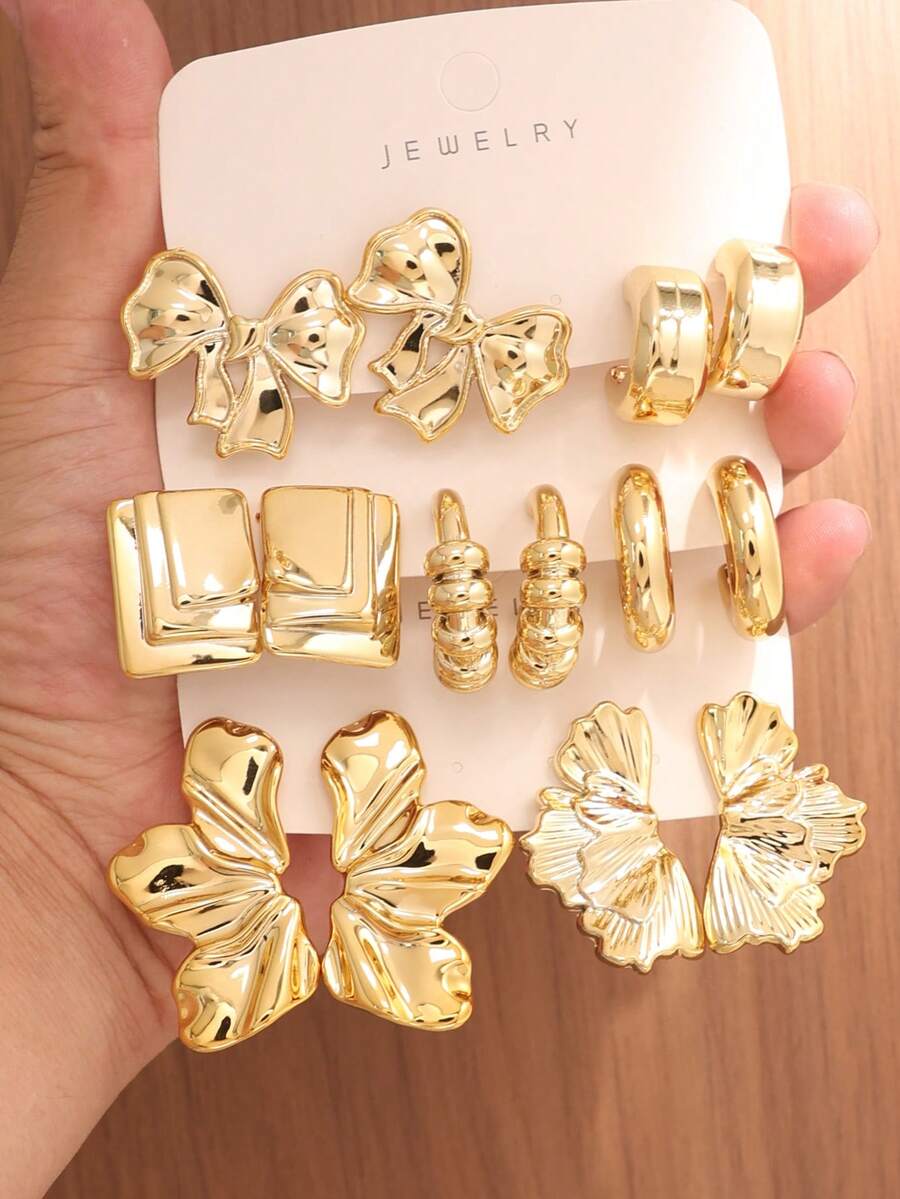 7/3/2 Pairs Fashion Earring Set, Exaggerated Left & Right Ear Flower, 5-Petal Flower, Bow Tie, Multiple Styles Earring Set, Suitable For Daily & Festival Wear, Made Of ABS Resin With UV Plated Non-Fading Gold - Gold - View 1