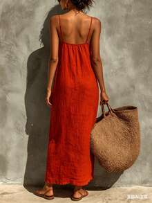 Red Linen Spaghetti Strap Maxi Dress For Women - Summer Casual Solid Color Beach Vacation Long Dress With Breathable Fabric For Resort Travel Date Night - Brick Red - View 2