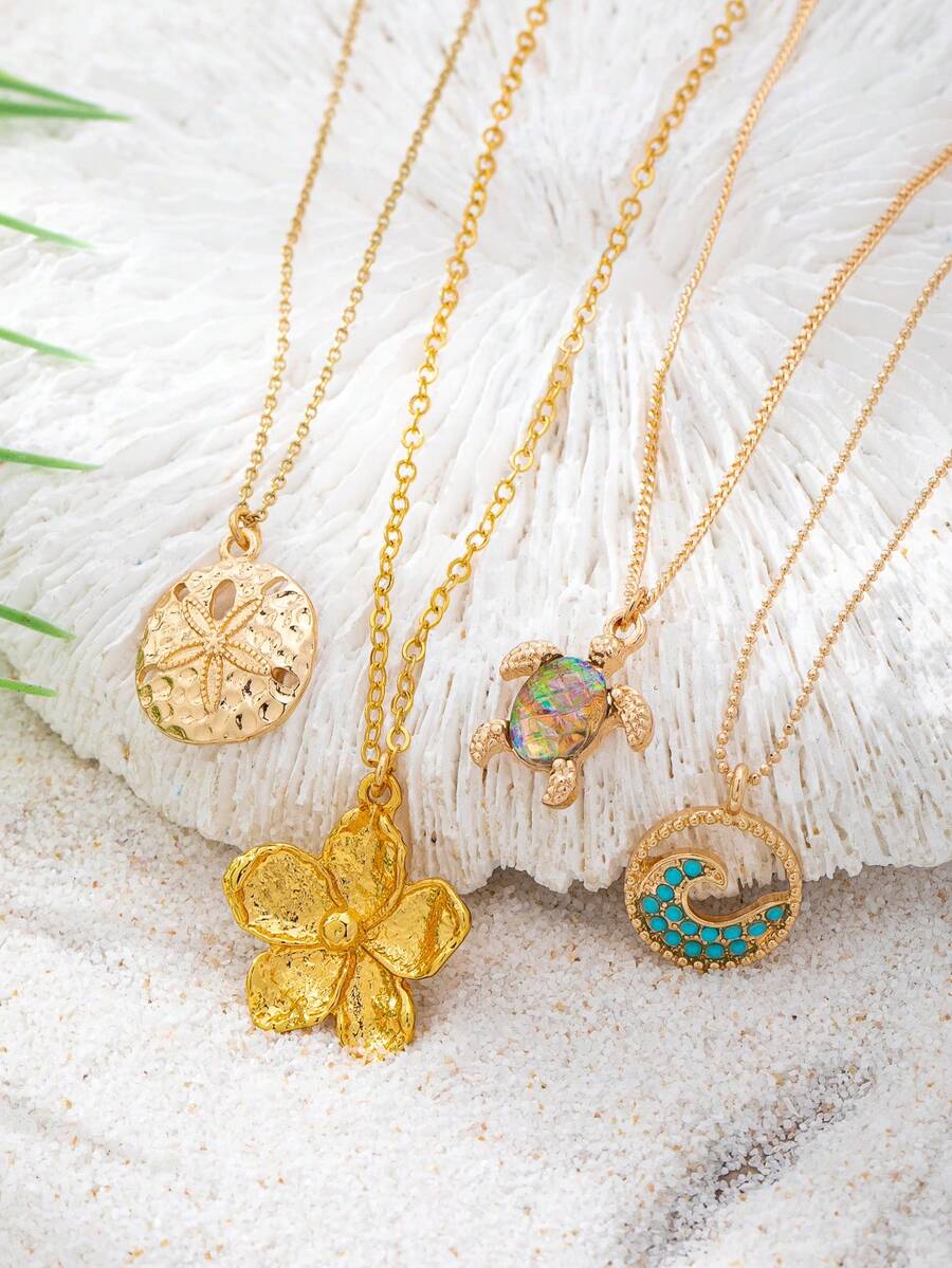 1 pieza Collar colgante de playa de verano para mujer, cadena delicada minimalista con dije de dólar de arena, tortuga y flor, joyería de playa bohemia - Multicolor - Ver 1