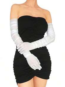 1雙女款透視網紗長款蕾絲手套，優雅新娘防曬袖套，適用婚禮派對晚餐音樂會度假拍照 - 透明白色 - 查看 5