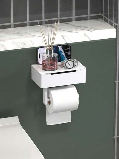 1个带湿巾盒的卫生纸架，白色/黑色，浴室纸巾收纳架，壁挂式免打孔卫生纸架，浴室卷纸架，浴室配件，家居装饰