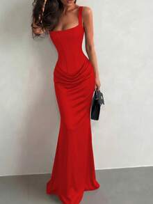 Cornelia 女士性感吊带修身长裙，夏季缎面褶皱连衣裙，后背系带，优雅适合生日派对、鸡尾酒会 - 紅色 - 查看 7