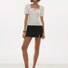 Women's Solid Color Knotted Casual Versatile Daily Wear Short Sleeve Shirt,Summer Top - Café integral - Ver 7