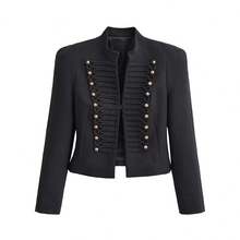 ZAHM Women's Black Napoleon-Style Short Blazer Jacket, Gold Button Decor, Stand Collar Military-Inspired Coat - Black - View 11
