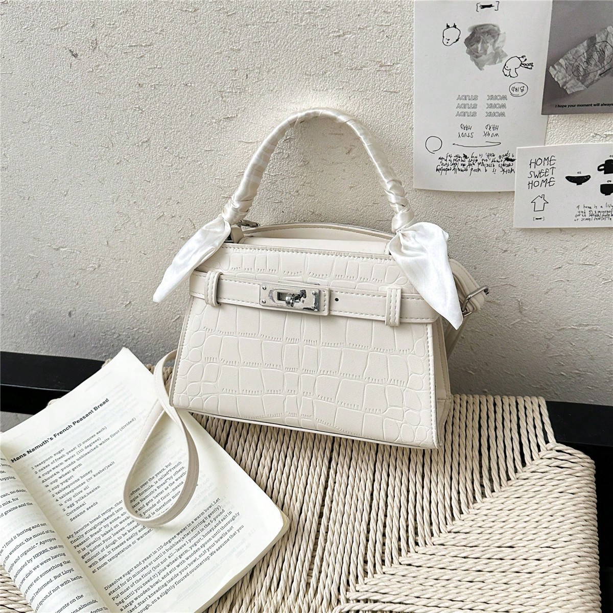 Bolso de mano de moda para mujer con bufanda, bolso de hombro cruzado con patrón clásico de cocodrilo