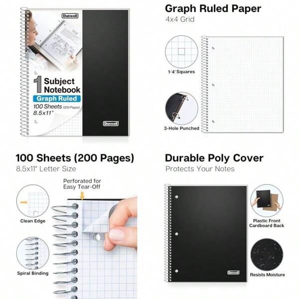Graph Paper Notebook 8.5 X Plastic Cover 00 Sheets (200 Pages) 4x4 Squares Subject Graph Paper Spiral Notebook /4" Grid Pocket Divider Easy Tear-Off -Hole Punched