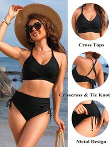 Women's High Waisted Bikini Sets, Crisscross Tie Back Drawstring Tummy Control Two Piece Swimsuits Bathing Suit - 黑色 - 查看 5