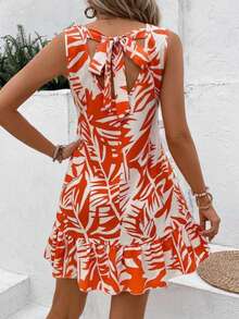 Women's Sleeveless Crew Neck Ruffled Patterned Dress - Orange - View 3